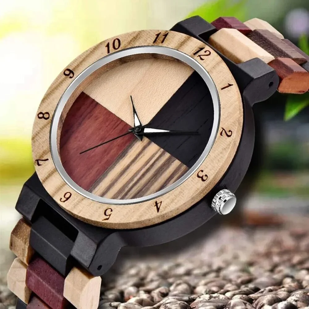🆕Dentily Quartz Men Tan Inverted Geometric Creative Hand-Made Wooden Watches